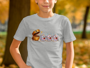 Cartoon dim sum dumplings running from a bamboo steamer basket on a gray t-shirt.