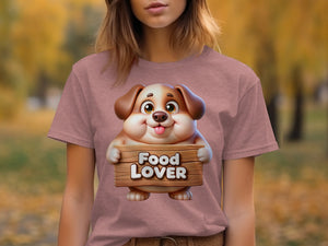 Cartoon dog on pink t-shirt holding wooden sign that says "Food Lover".
