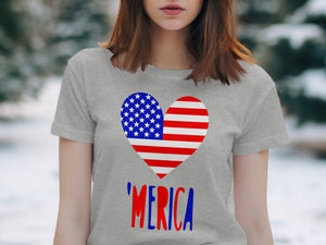 Grey t-shirt with American flag heart and "MERICA" text.