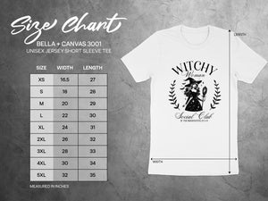 Bella + Canvas 3001 unisex tee size chart showing width and length measurements in inches.