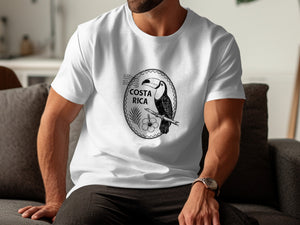 White t-shirt with black graphic of toucan, flower, and "Costa Rica" text.