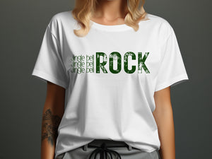 White t-shirt with green text "Jingle bell jingle bell jingle bell ROCK"