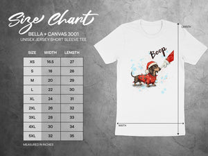Size chart for Bella + Canvas 3001 unisex short sleeve tee with dachshund graphic.