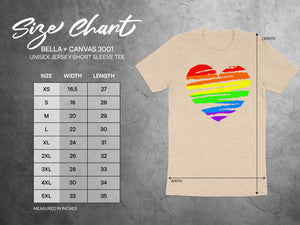Size chart for Bella + Canvas 3001 unisex tee with rainbow heart graphic.