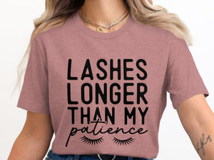 Dusty rose t-shirt with black text "Lashes Longer Than My Patience" and eyelash graphics.
