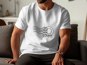 White t-shirt with black stamp graphic and text "SUMMER IS IN THE AIR".