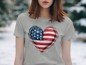 Gray t-shirt with a distressed American flag heart design.