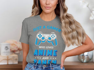 Grey t-shirt with "Just A Gamer Who Loves Anime And Ramen" text and gamepad graphic.