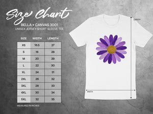 Bella + Canvas 3001 size chart for unisex jersey short sleeve tee with measurements.