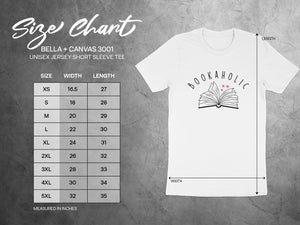 Size chart for BELLA + CANVAS 3001 unisex jersey short sleeve tee.