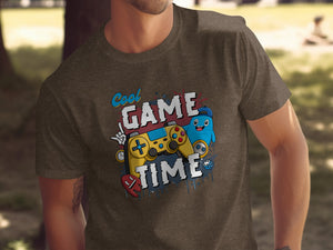 Brown t-shirt with "Cool GAME TIME" text and gaming graphics.