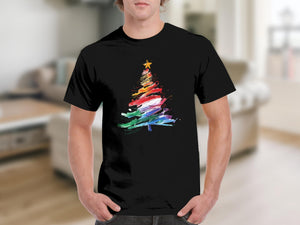Black t-shirt with a colorful, abstract Christmas tree graphic and a gold star.