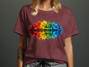 Maroon t-shirt with rainbow trees reflection graphic.