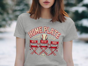 Grey t-shirt with "Home Plate Social Club" text and baseball graphic.