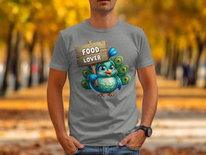 Cartoon blue bird with peacock feathers holding a "FOOD LOVER" sign.