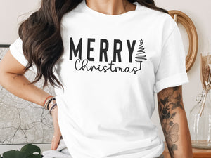 White t-shirt with black "Merry Christmas" text and stylized tree graphic.