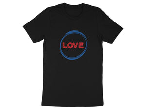 Black t-shirt with "LOVE" text inside a blue circular design.