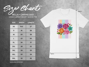 BELLA + CANVAS 3001 unisex jersey short sleeve tee size chart with width and length measurements.