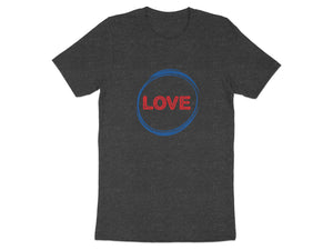 Dark grey t-shirt with red "LOVE" text inside blue circles.