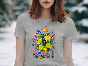 Gray t-shirt with a colorful lemon branch and sun design.