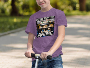 Purple t-shirt with anime eyes graphic and "IT'S ALL ABOUT THE ANIME" text.