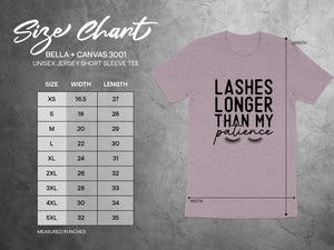 Bella + Canvas 3001 unisex tee size chart showing width and length in inches.
