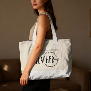 Canvas tote bag with "TEACHER" and inspirational words "LOVE, INSPIRE, MOTIVATE, EDUCATE."