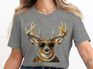 Deer head wearing sunglasses and a diamond necklace on a gray t-shirt.