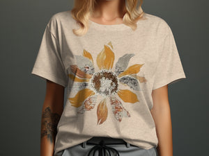 Light tan t-shirt with a distressed sunflower graphic.