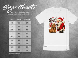 Bella + Canvas 3001 size chart with width and length measurements for unisex t-shirts.