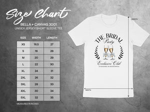 Size chart for Bella + Canvas 3001 unisex short sleeve tee with width and length measurements.