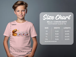 Size chart for Bella + Canvas 3001Y youth short sleeve tee.
