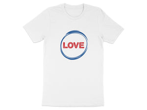 White t-shirt with red "LOVE" text inside a blue circular border.