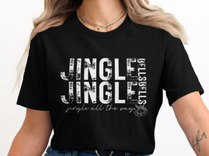 Black t-shirt with distressed white text "Jingle Jingle" and "Jingle all the way."