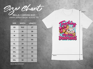 Size chart for Bella + Canvas 3001 unisex short sleeve tee with dumpling graphic.