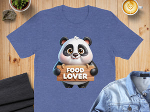 Blue t-shirt with a cartoon panda holding a wooden sign that says "FOOD LOVER".