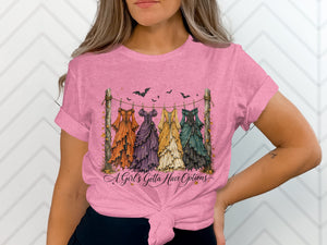 Graphic of five witch dresses hanging on a line with bats and text.