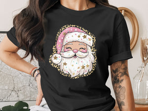 Black t-shirt with a cartoon Santa Claus face and leopard print frame.
