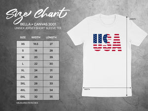 Bella + Canvas 3001 size chart for unisex t-shirts, measured in inches.