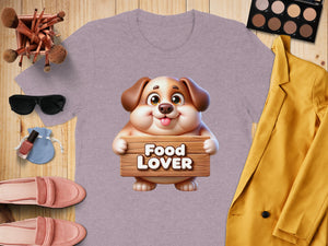 A cartoon dog holds a wooden sign that says "Food Lover".
