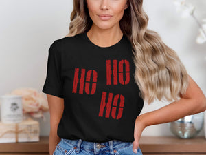 Black t-shirt with distressed red "HO HO HO" text.