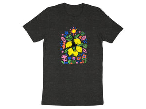 Dark grey t-shirt with a colorful lemon and floral art print.