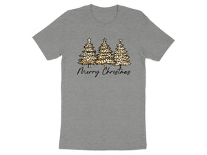 Grey t-shirt with three leopard print Christmas trees and "Merry Christmas" text.