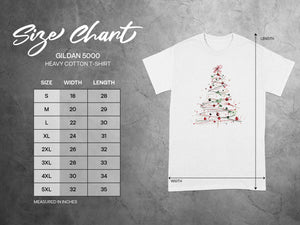 Gildan 5000 Heavy Cotton T-Shirt size chart with width and length measurements in inches.
