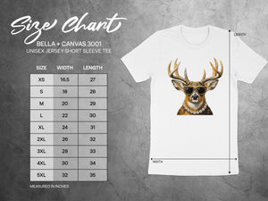 Bella + Canvas 3001 unisex tee size chart with deer graphic.