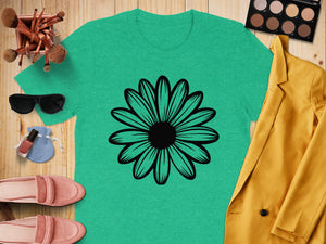 Teal t-shirt with black outline daisy graphic and yellow blazer.
