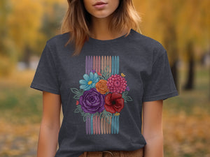 Dark grey t-shirt with colorful floral bouquet and vertical stripe design.