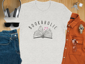 Light grey t-shirt with "Bookaholic" text above an open book illustration.