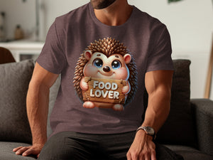 Cartoon hedgehog holding a wooden sign that says "FOOD LOVER".