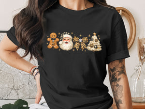 Black t-shirt with gingerbread man, Santa, leopard bow, and Christmas tree graphic.